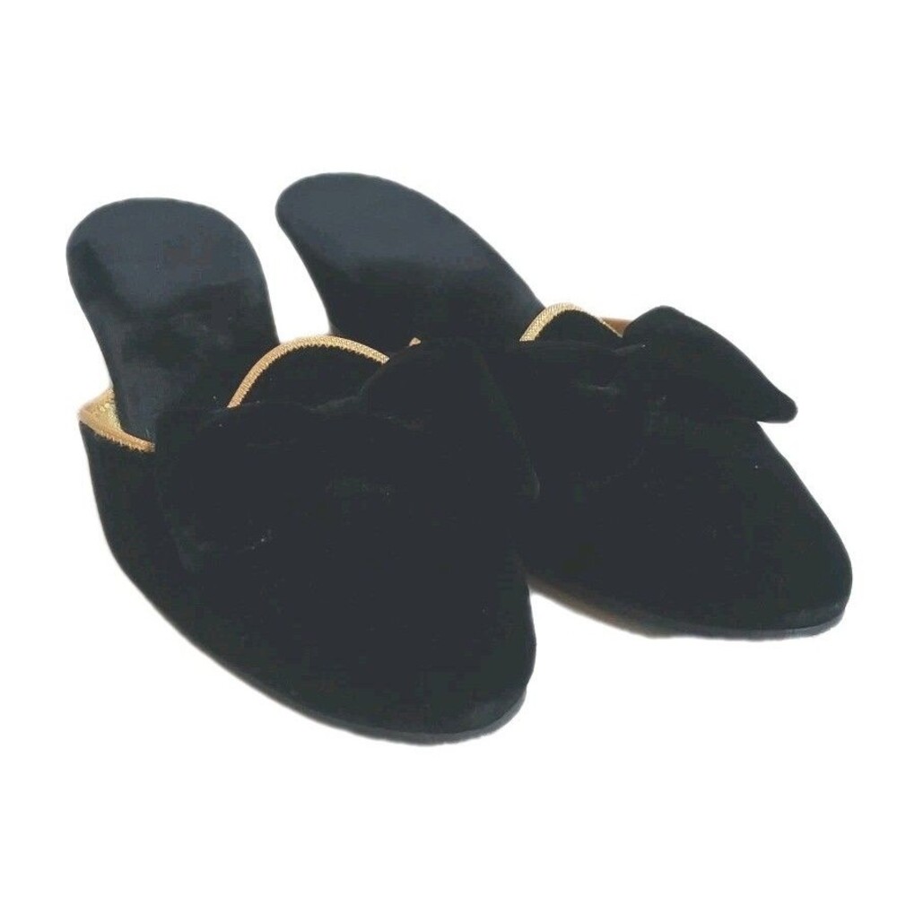 Vintage Daniel Green Black Velvet Gold Edge Boudoir Slippers W/Bow Size 6